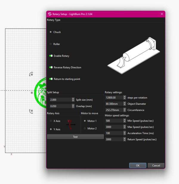 LightBurn Rotary Setup from the September 2026 session, with Y Axis selected. Split, overlap, and diameter values shown are session examples.